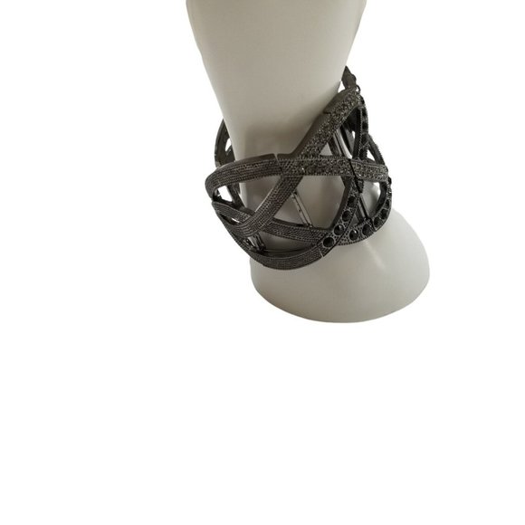 Dark Silver Black Crystals Rhinestone Woven Hollow Out Cuff Bangle Bracelet - Picture 5 of 12